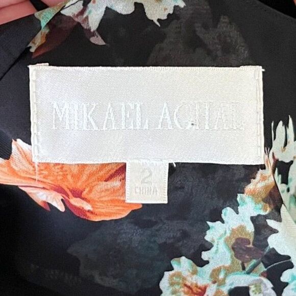 Mikael Aghal Women's Size 2 Floral Ruffle Pleated Sheer Dress Chiffon Victorian - Picture 4 of 13